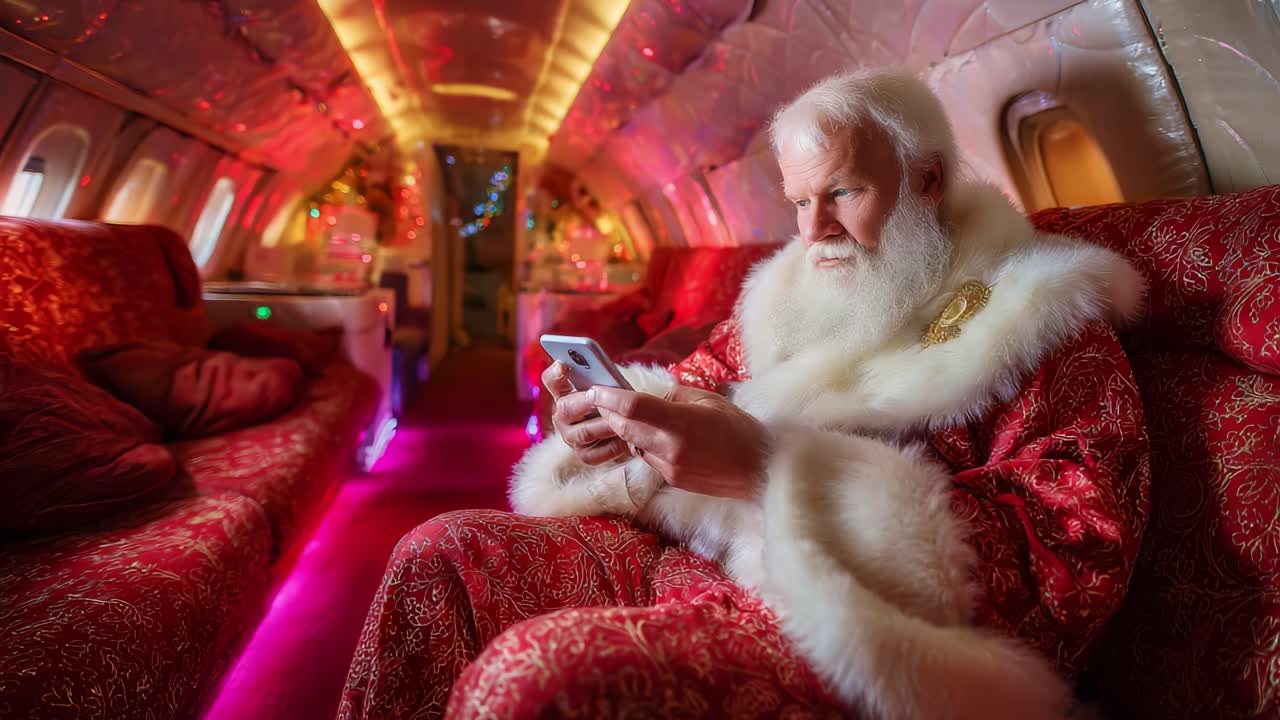 A Cozy Holiday Scene Featuring a Jolly Figure Dressed in Festive Attire, Relaxing Inside an Adventurous, Decorated Airplane with Festive Lights Creating a Whimsical Atmosphere