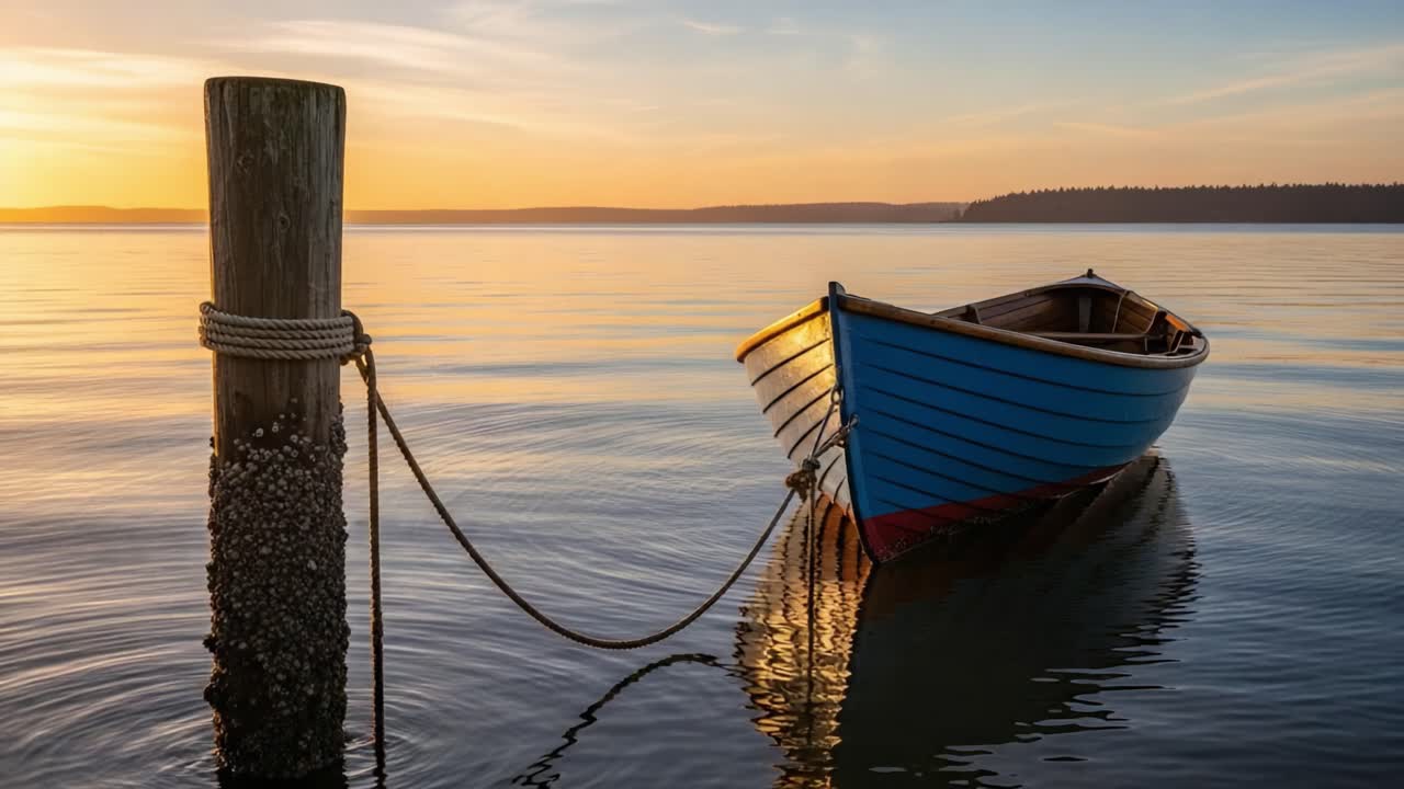 A Beautifully Tranquil Scene of a Colorful Boat Moored by a Weathered Post as the Sun Sets Over the Calm Waters, Creating a Serene Atmosphere of Reflection