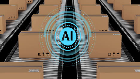 ai symbol over boxes moving on conveyor belts in warehouse animation