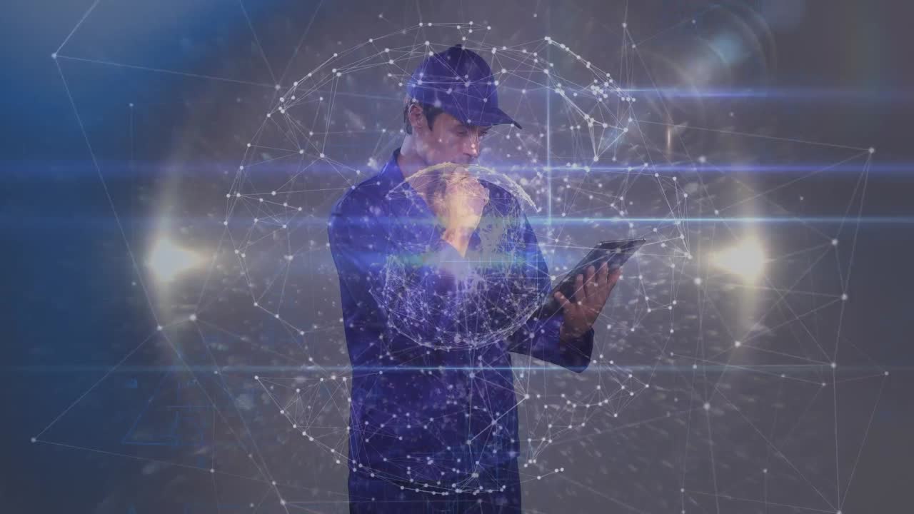 디지털 태블릿을 사용하는 사려 깊은 백인 노동자에 대한 연결 네트워크의 세계