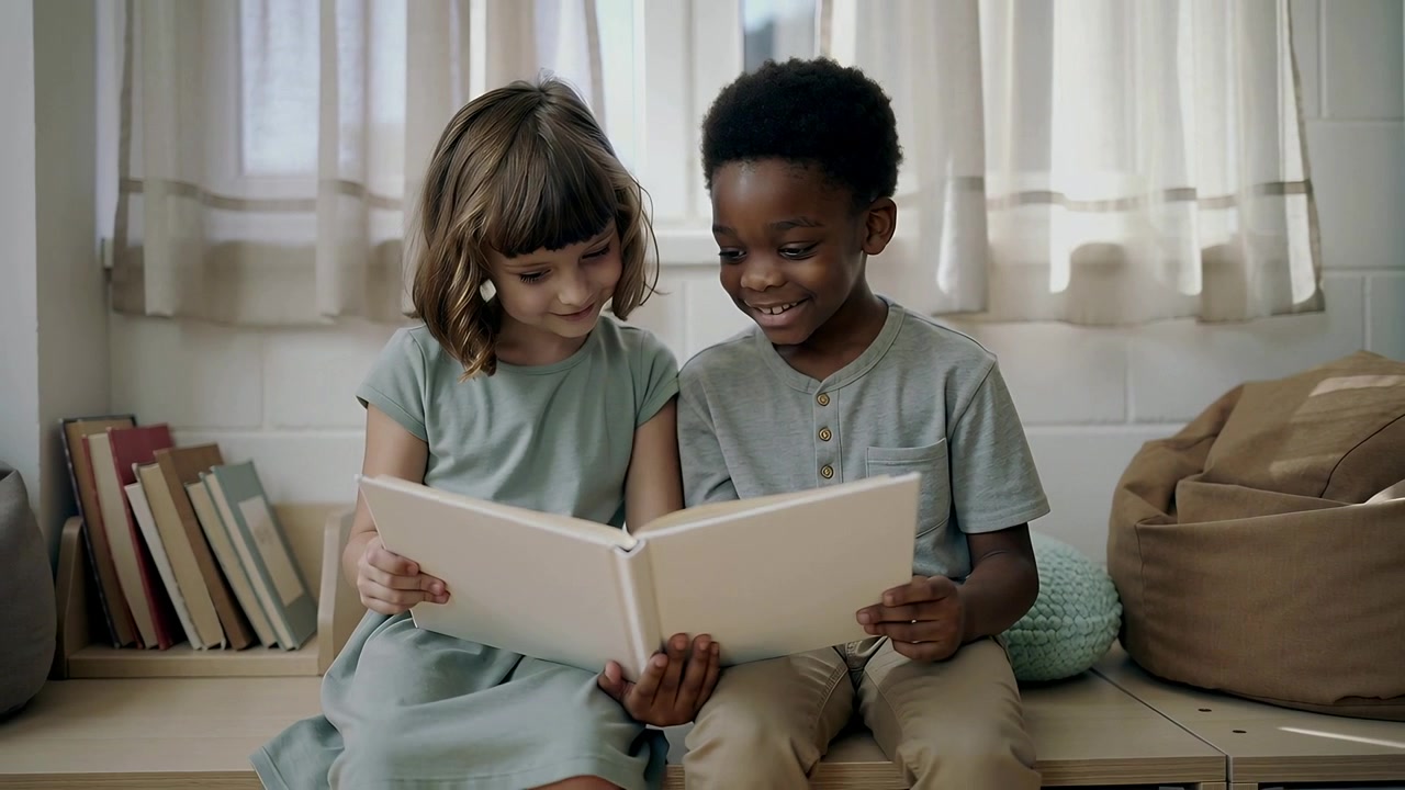 Niños leyendo en un rincón, vestido pastel, camiseta henley, una niña señalando, un niño pasando la página del libro para continuar la historia