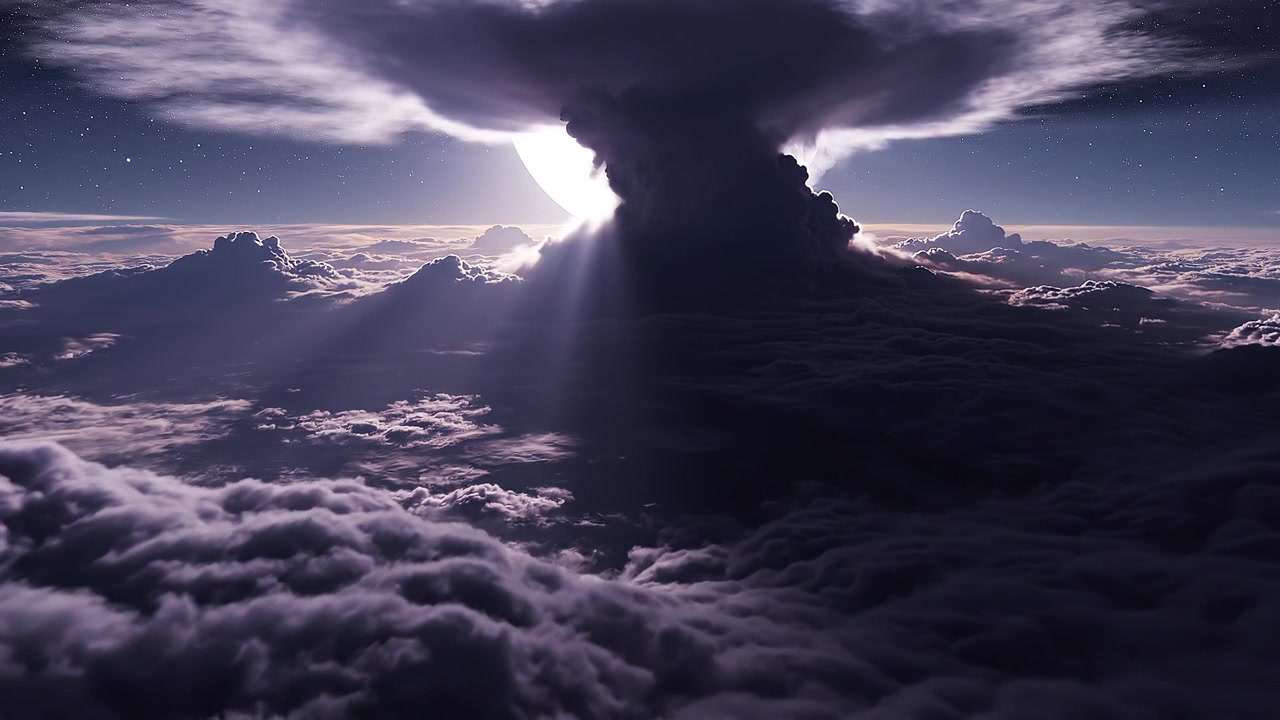 Cinematic purple clouds and bright light in starry night sky