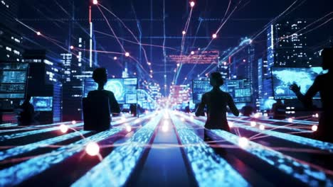 exploring a futuristic cyber environment: individuals engaged in data analysis amidst a vibrant digital cityscape with flowing information streams