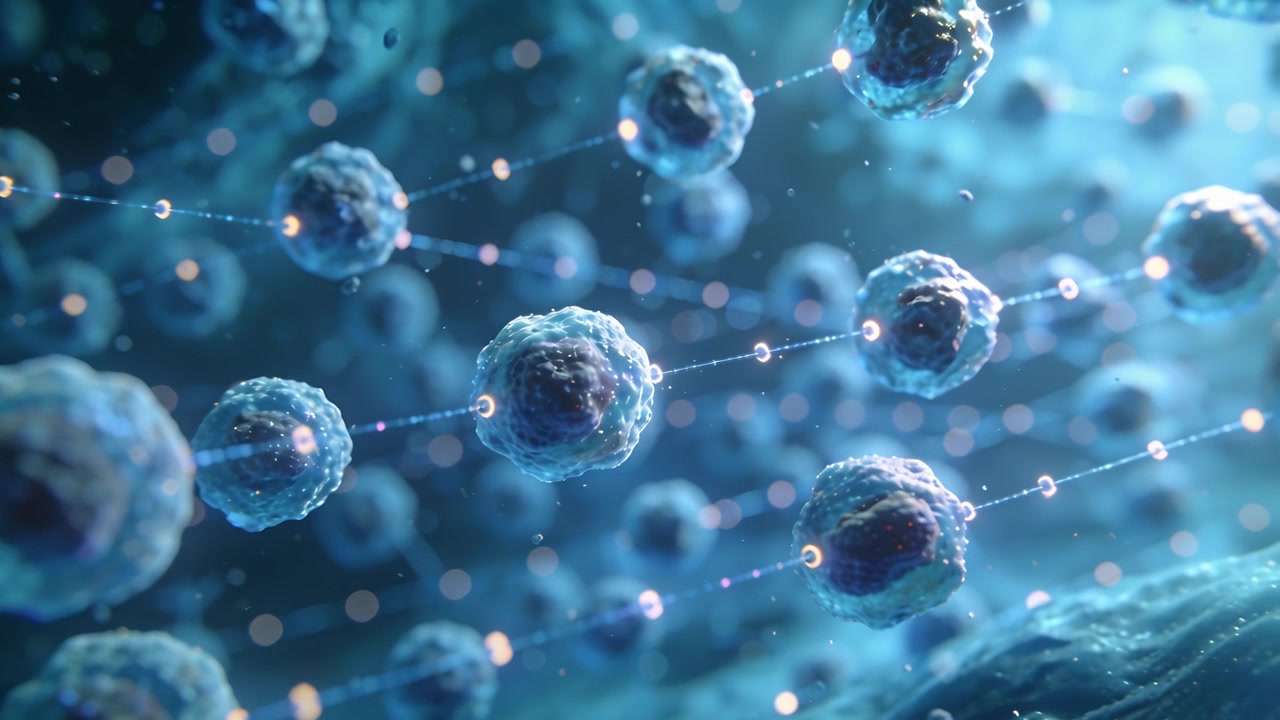 Microscopio che panoramica rivelando sfere blu collegate da filamenti luminosi e perline in un fluido