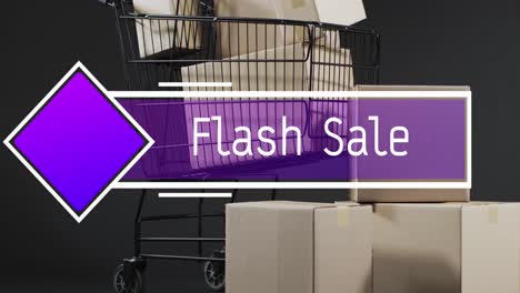 Animation-of-flash-sale-text-over-shopping-trolley-and-gift-boxes