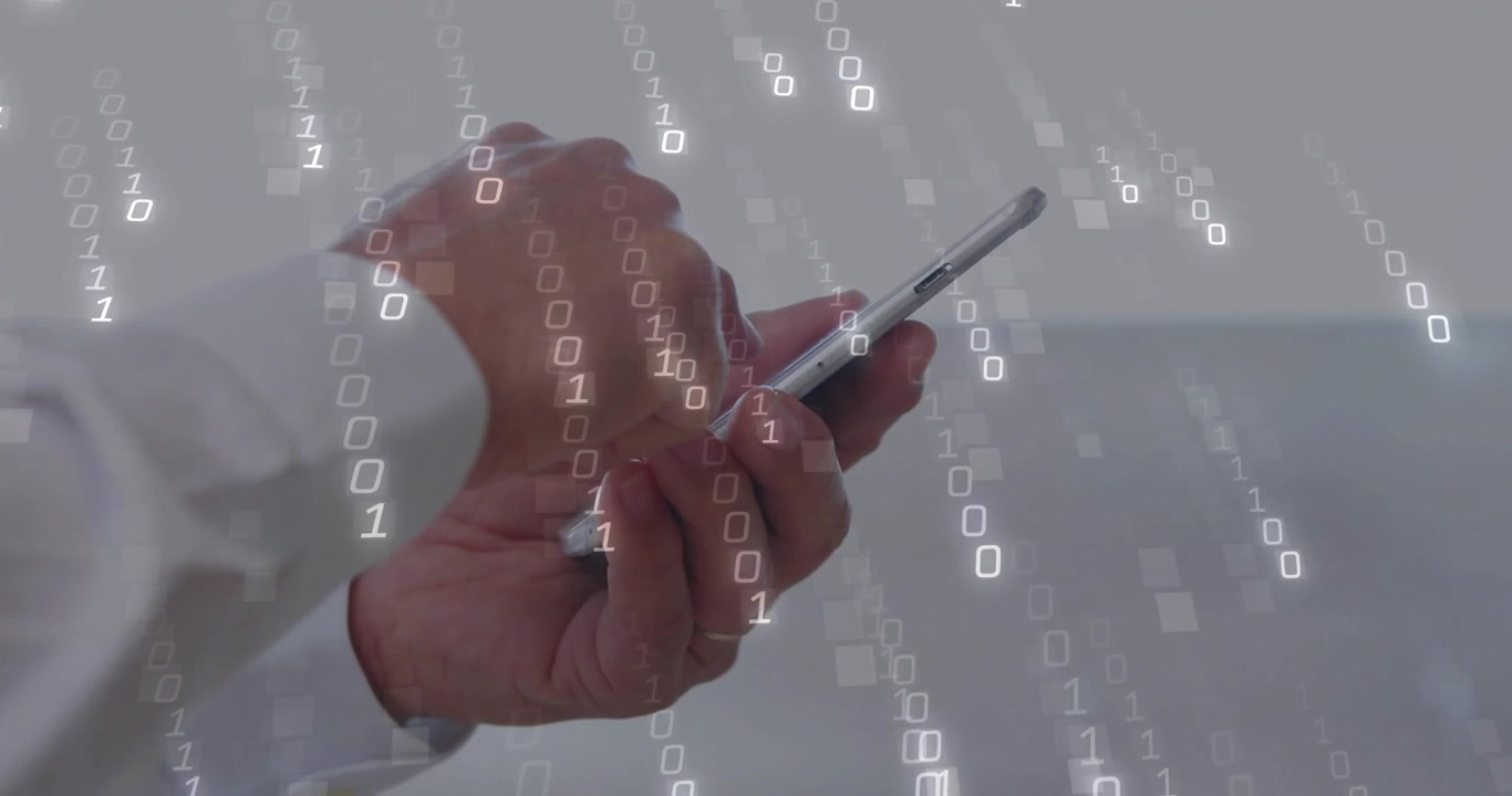 Senior man tapping and scrolling phone screen, binary code streaming around hands showing tech data