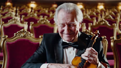 Smiling Senior Violinist in a Concert Hall