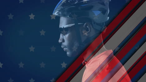 animation of flag of usa over african american male cyclist