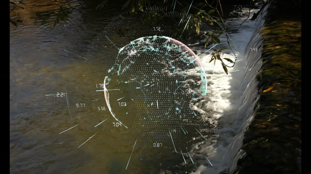 Flowing river with digital globe animation above, surrounded by lush foliage