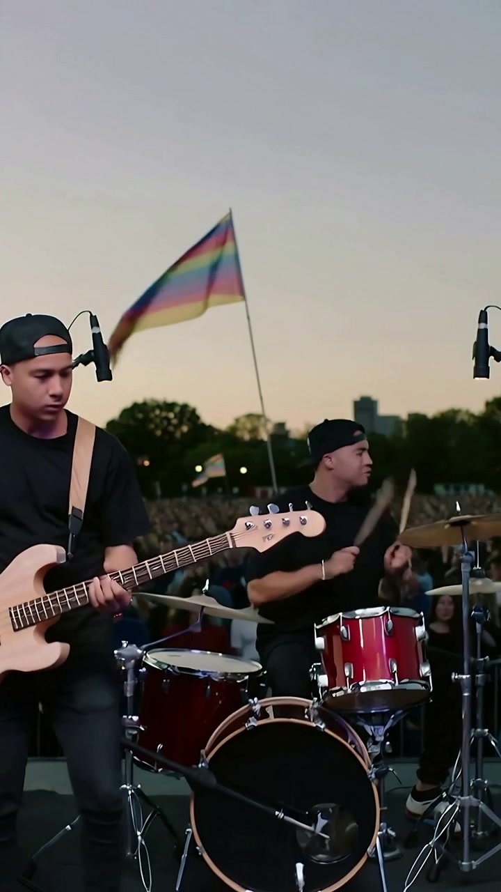 Video verticale: Inizio di una canzone, duo che suona il basso e una batteria rossa sul palco al tramonto per i fan