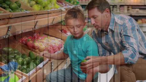 animation of financial dat processing over caucasian man with son shopping