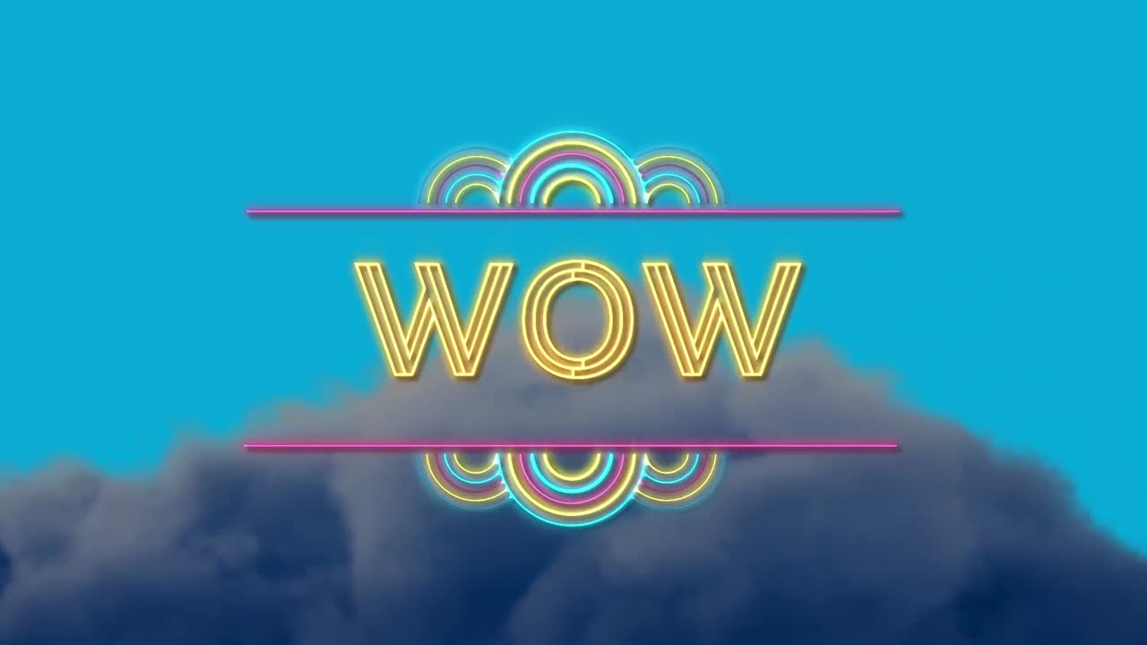 구름이 있는 하늘 위에 와우 텍스트의 애니메이션