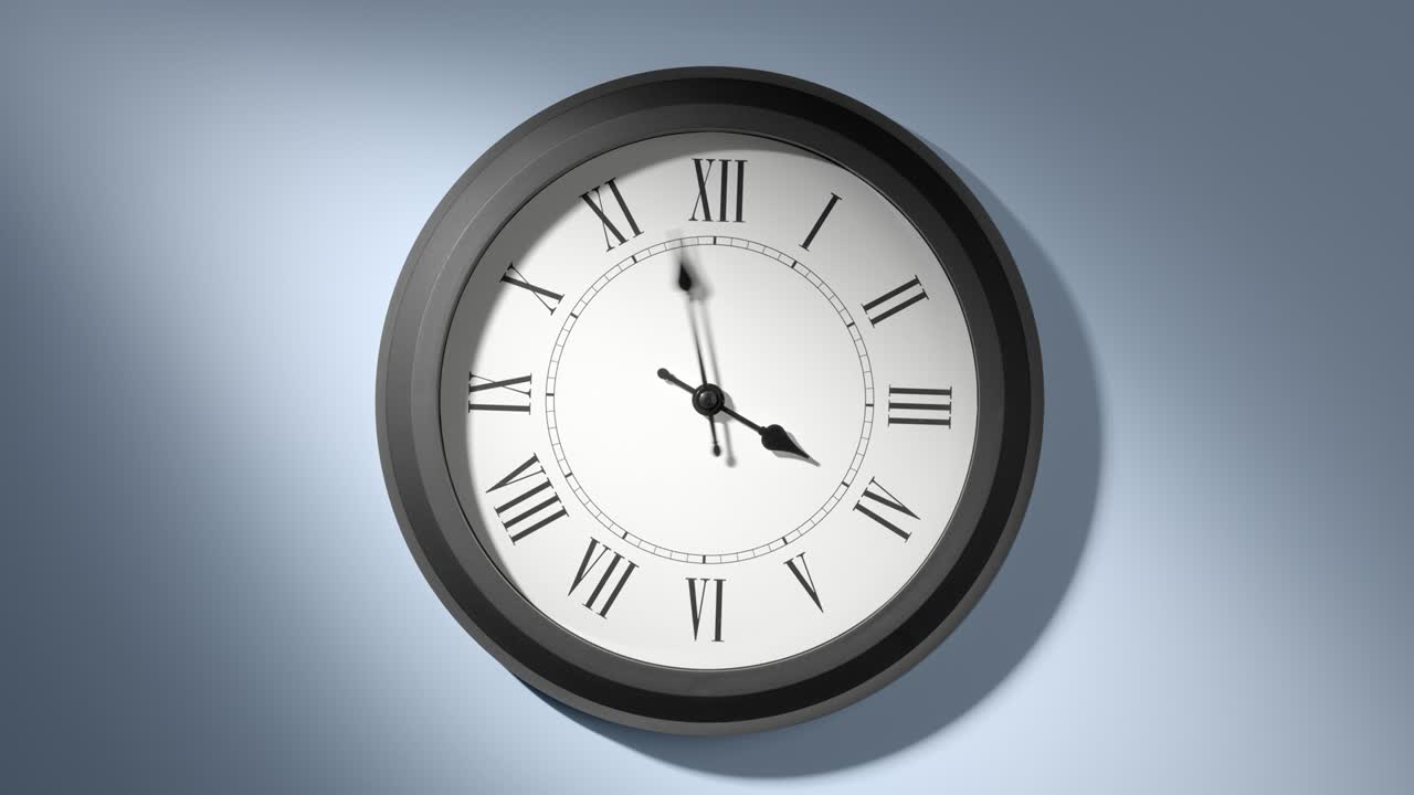 Latin Clock Face on Light Blue Wall in Time Lapse