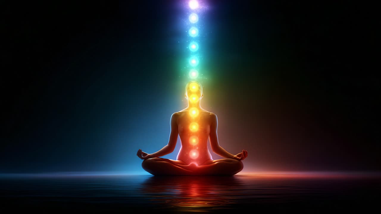 A Meditative Being Surrounded by Vibrant Rainbow Energies Flowing from the Crown, Representing the Essence of Chakra Alignment and Inner Peace in a Tranquil Setting