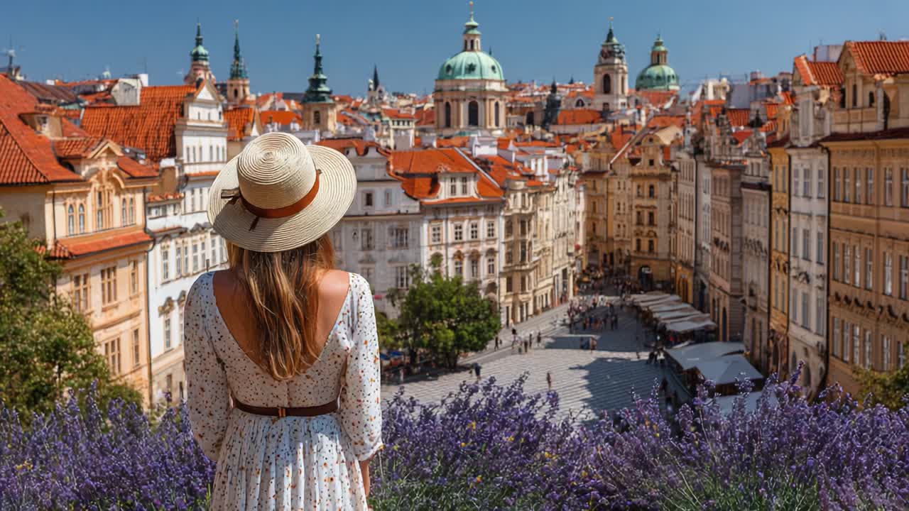 Una donna serena con un cappello a tesa larga osserva un pittoresco paesaggio urbano ricco di edifici colorati e lavanda in fiore sotto un cielo azzurro.