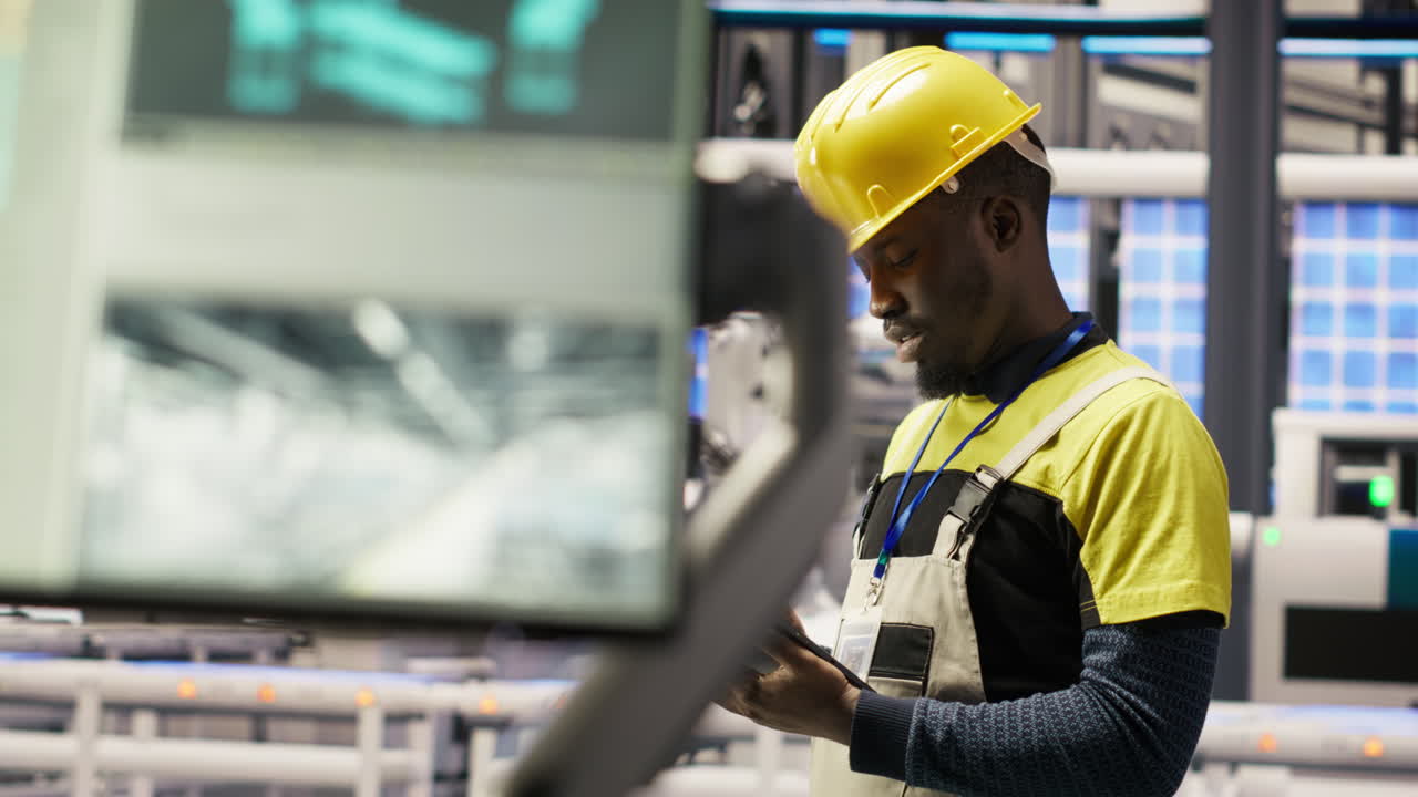 Vertical video Engineer oversees solar panel production lines equipment using tablet app