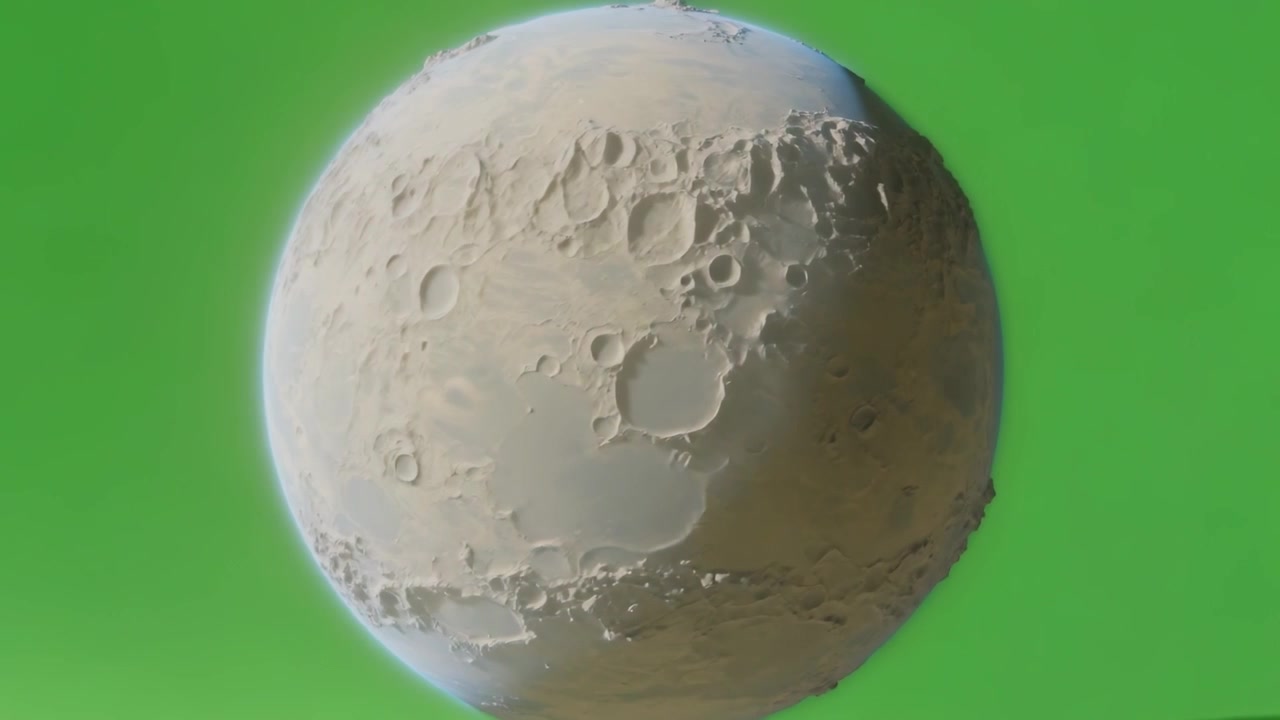 Shifting light, beige sphere developing craters and rotating on green screen, revealing terminator