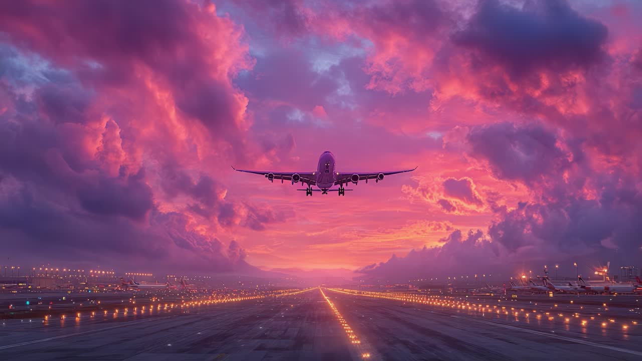 A Majestic Airbus Soars Through the Vibrant Sky at Sunset, Capturing the Beauty of Aviation Against a Backdrop of Stunning Purple and Orange Clouds