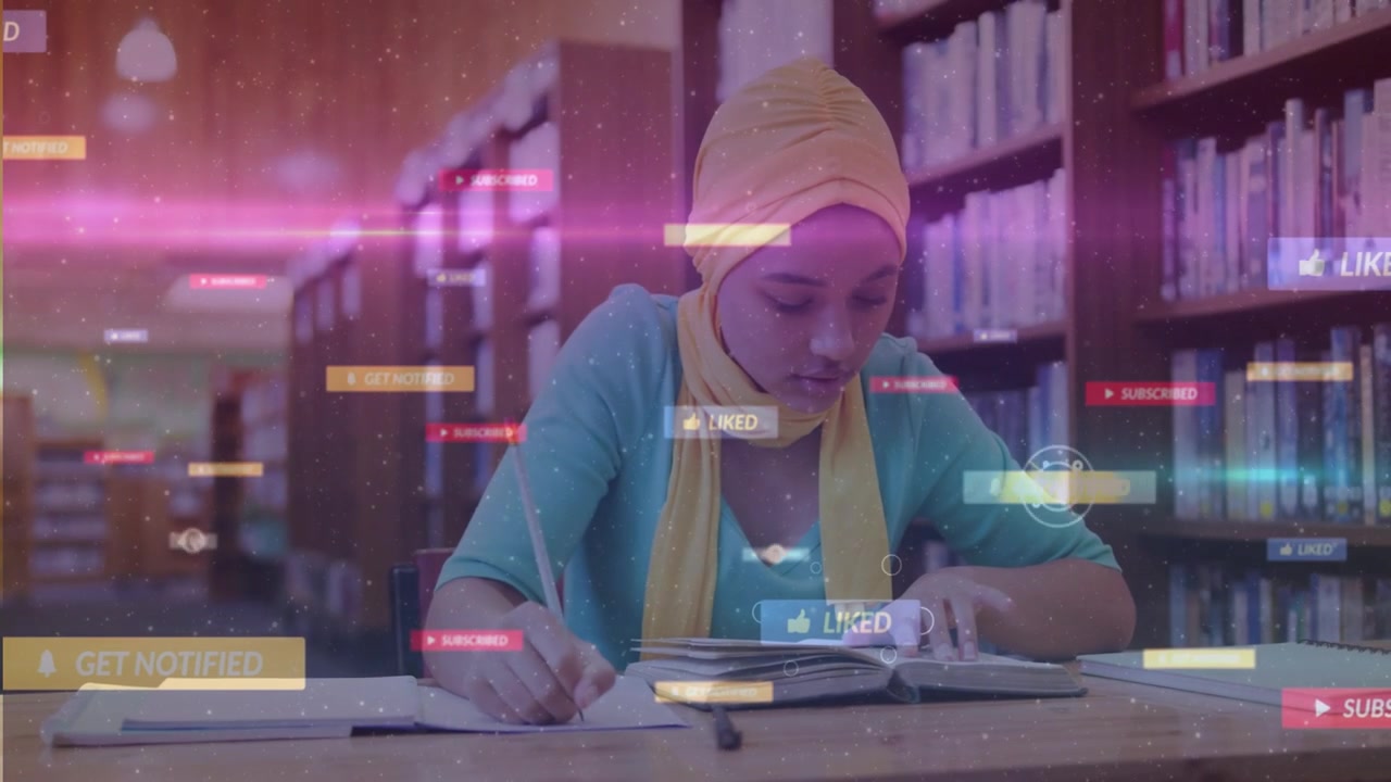 Female student studying at library, magenta streak appearing and creating floating subscribe labels