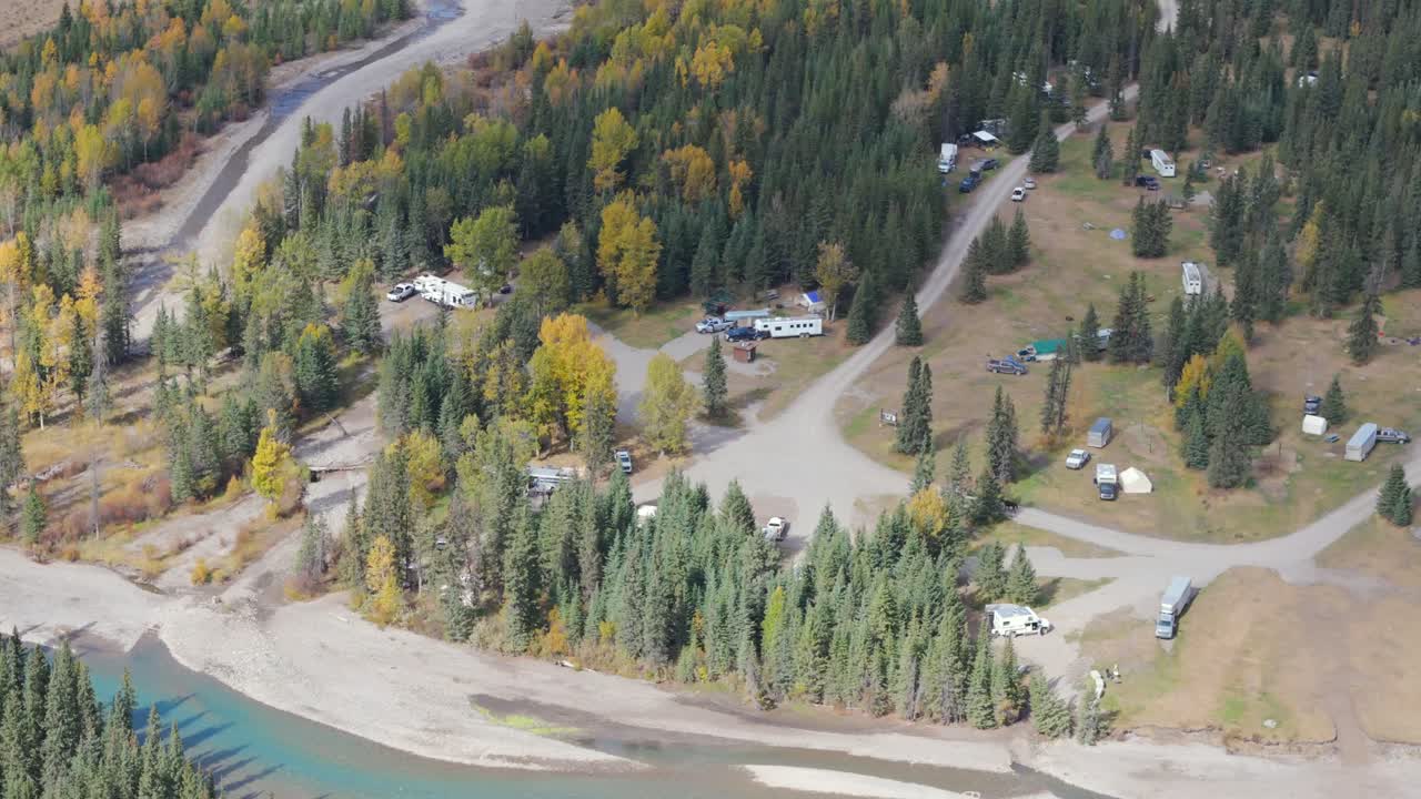 Bighorn Campground on the bank of the Red Deer River in Ya Ha Tinda Ranch of Alberta Canada is home to many people camping in recreational vehicles with their horses
