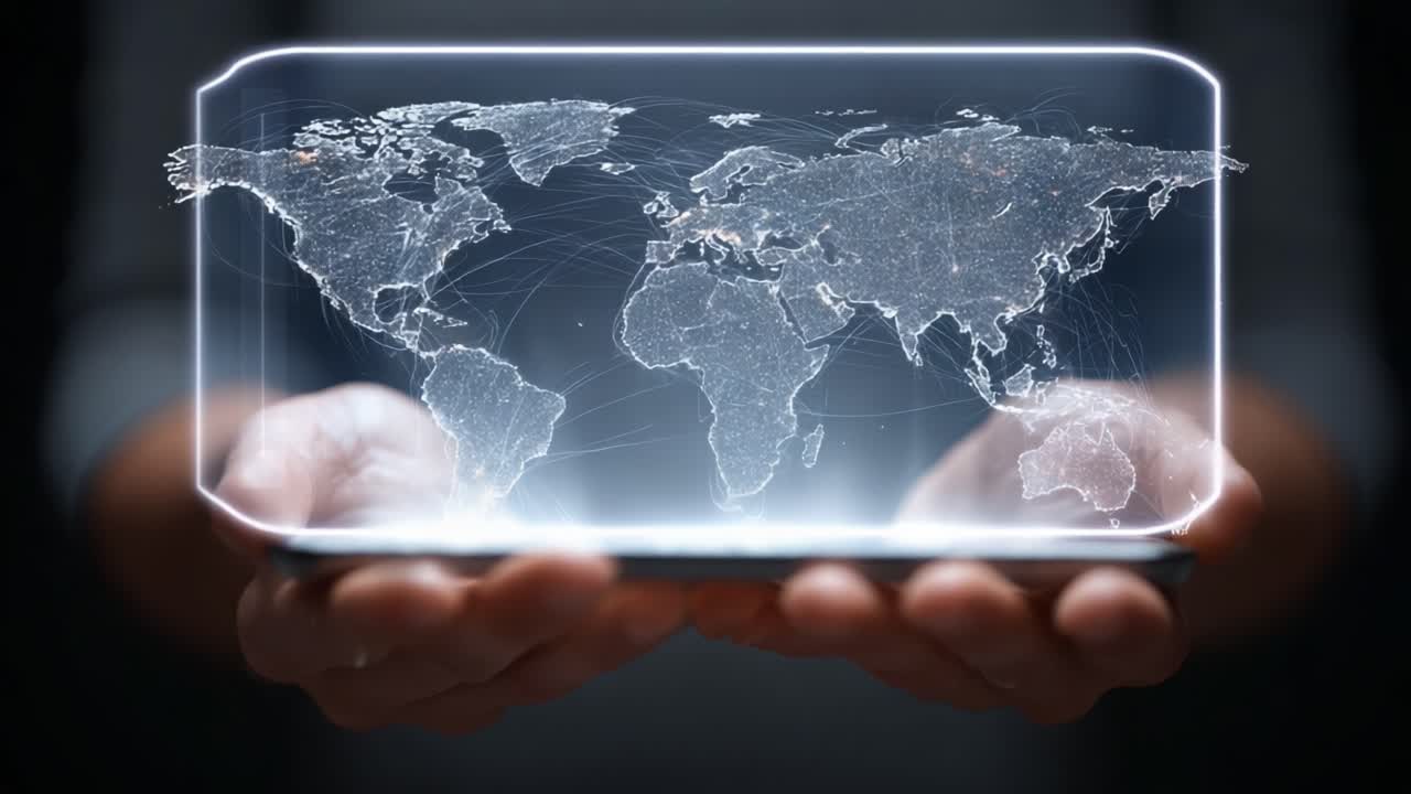 A Stunning Visualization of a Digital World Map Displayed on a Smartphone, Illuminating Global Connections and Modern Technology in a Hands-On Perspective