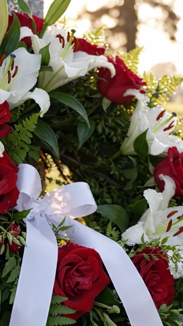 Una Corona Conmemorativa Bellamente Elaborada Adornada con Vibrantes Rosas Rojas y Elegantes Lirios Blancos, Simbolizando el Recuerdo y el Honor en un Entorno de Cementerio Sereno