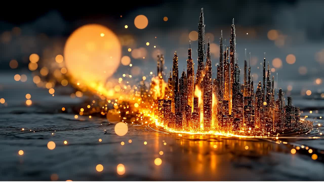 Stadtbild mit leuchtenden Lichtern bei Nacht. Hohe Gebäude bilden eine Stadtkulisse mit hellen Lichtern. Die Szene zeigt Bewegung und Energie in einer dunklen Umgebung.