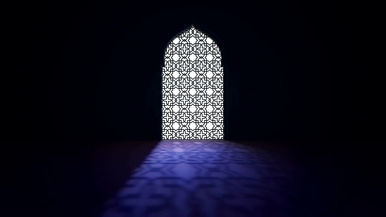 Jendela atau pintu interior masjid Islami dengan berkas cahaya masuk. Latar belakang gerak Islami Ramadan Kareem. Animasi 3D