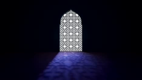 ventana o puerta de la mezquita interior islámica con un haz de luz de rayo entrando en el interior. ramadan kareem fondo de movimiento islámico. animación 3d.