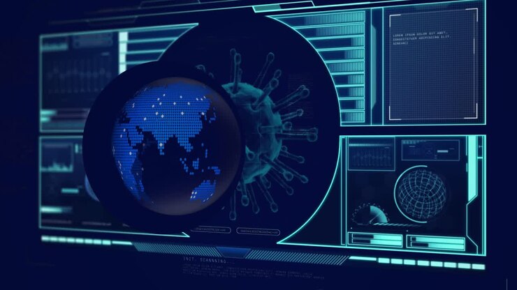 Animation of globe over data processing with virus cell on black background