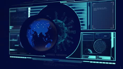 animación del globo sobre el procesamiento de datos con la célula del virus sobre fondo negro