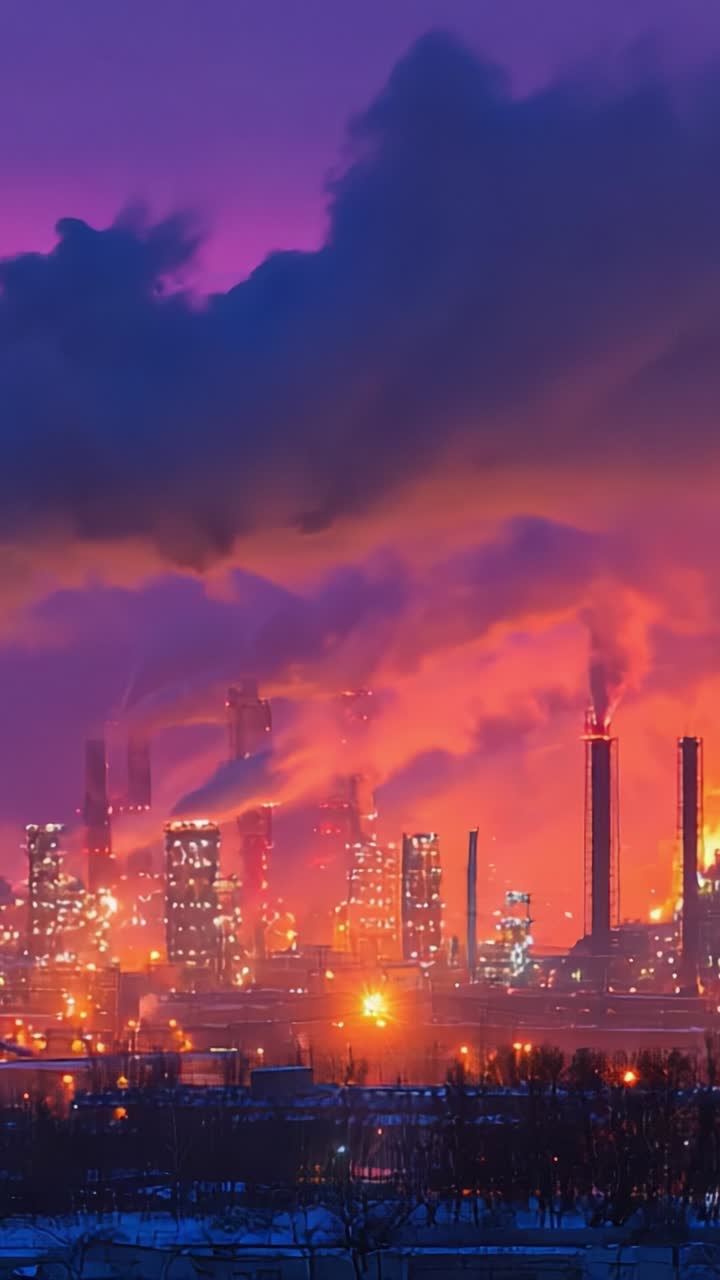 Um deslumbrante espetáculo da majestade industrial: transformação noturna cativante no coração de um complexo energético com fumaça ondulante e luzes vibrantes