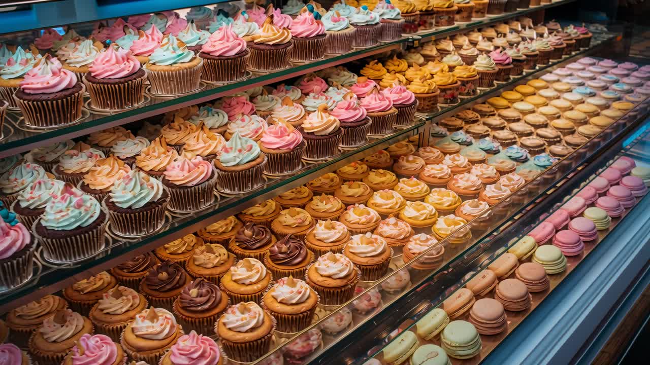 Cámara comenzando a la izquierda y girando a la derecha, mostrando la vitrina de la panadería con cupcakes y macarons