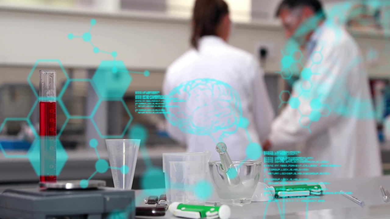 animación del procesamiento de datos científicos sobre diversos científicos en el laboratorio
