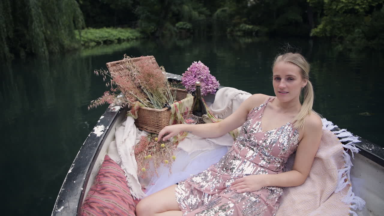 Pretty Woman In Glittery Dress Sitting On A Boat Floating In The Calm Lake - medium full shot