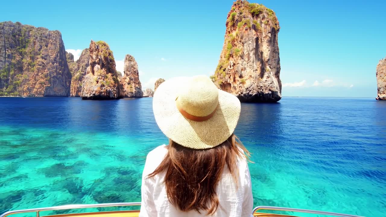 Uma mulher de chapéu de sol em um barco, de frente para falésias deslumbrantes e mar límpido