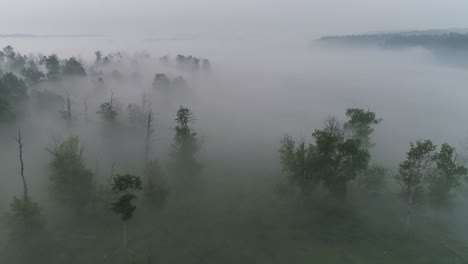 aerial view flying through fog and smoke over a rural alberta treed farm