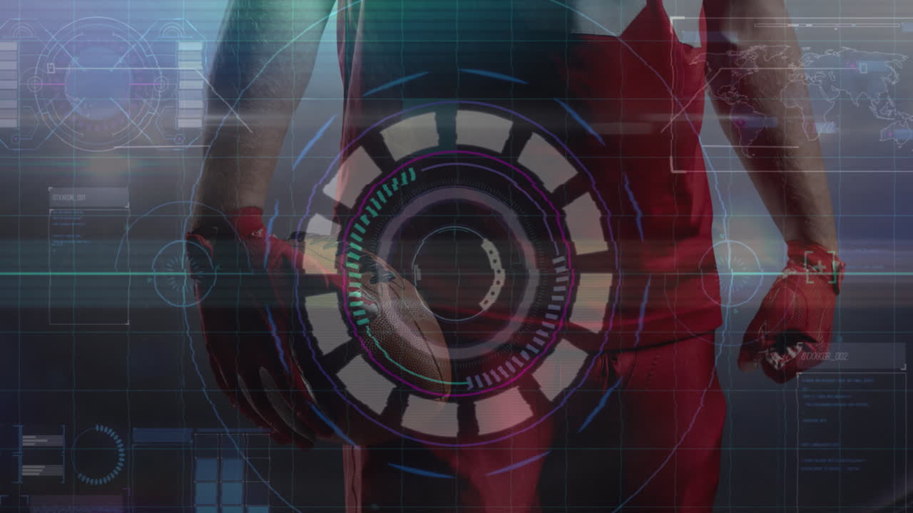 efecto de falla sobre la interfaz digital contra la sección media del jugador de rugby masculino que sostiene una pelota