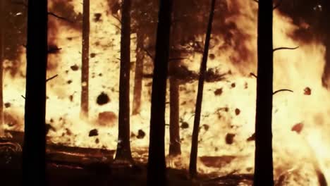 a dramatic depiction of forest fires: intense flames erupt enveloping trees and landscape, spotlighting the ferocity and scale of wildfire disasters