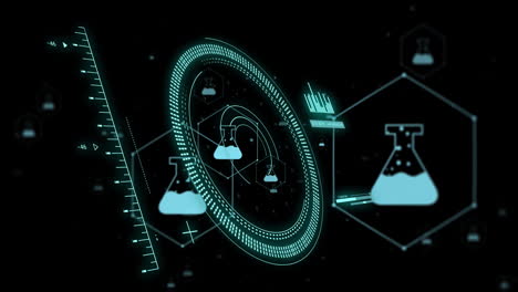 Animación-De-Matraces-Químicos-Y-Procesamiento-De-Datos-Sobre-Fondo-Oscuro