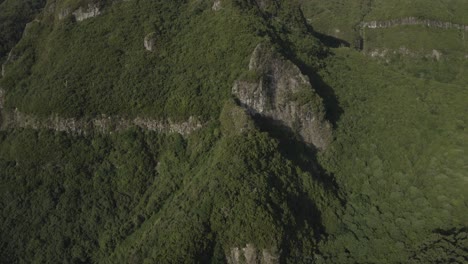 una toma cinematográfica de drones de las verdes y exuberantes montañas de madeira