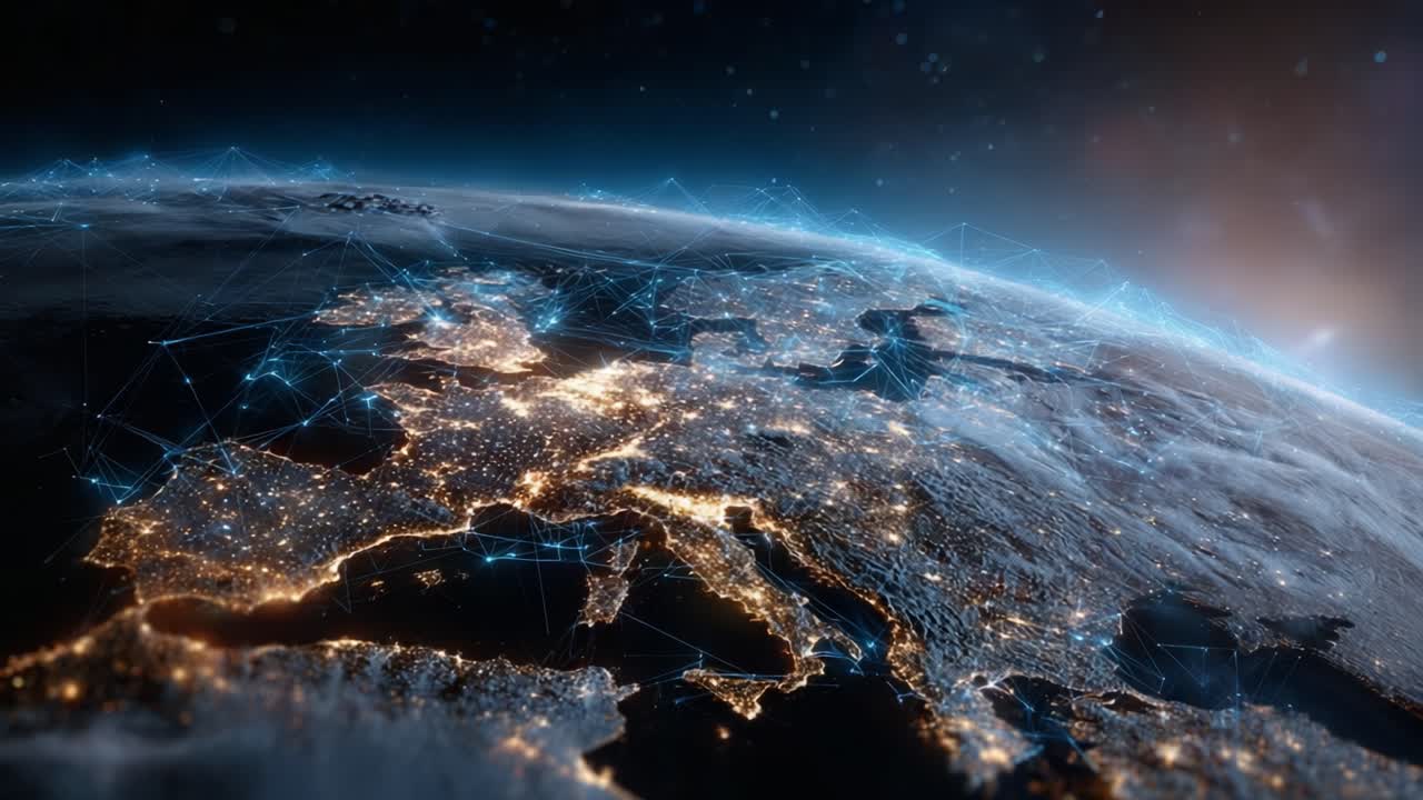 Stunning Glimpse of Earth's Surface: A Captivating View Showcasing Europe's Vibrant Cities and Connected Networks from Space at Night