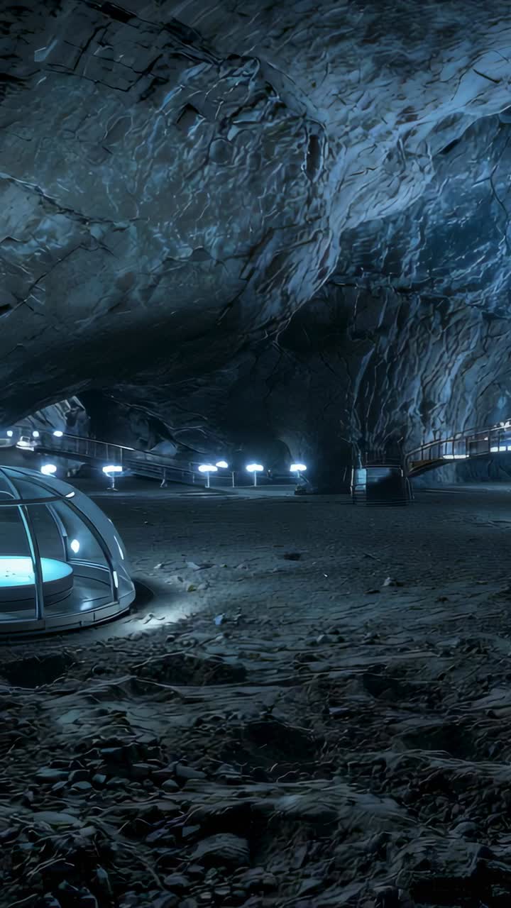 Vertical video: Moving camera advancing forward, revealing cavern scale with dome, walkway, lamps