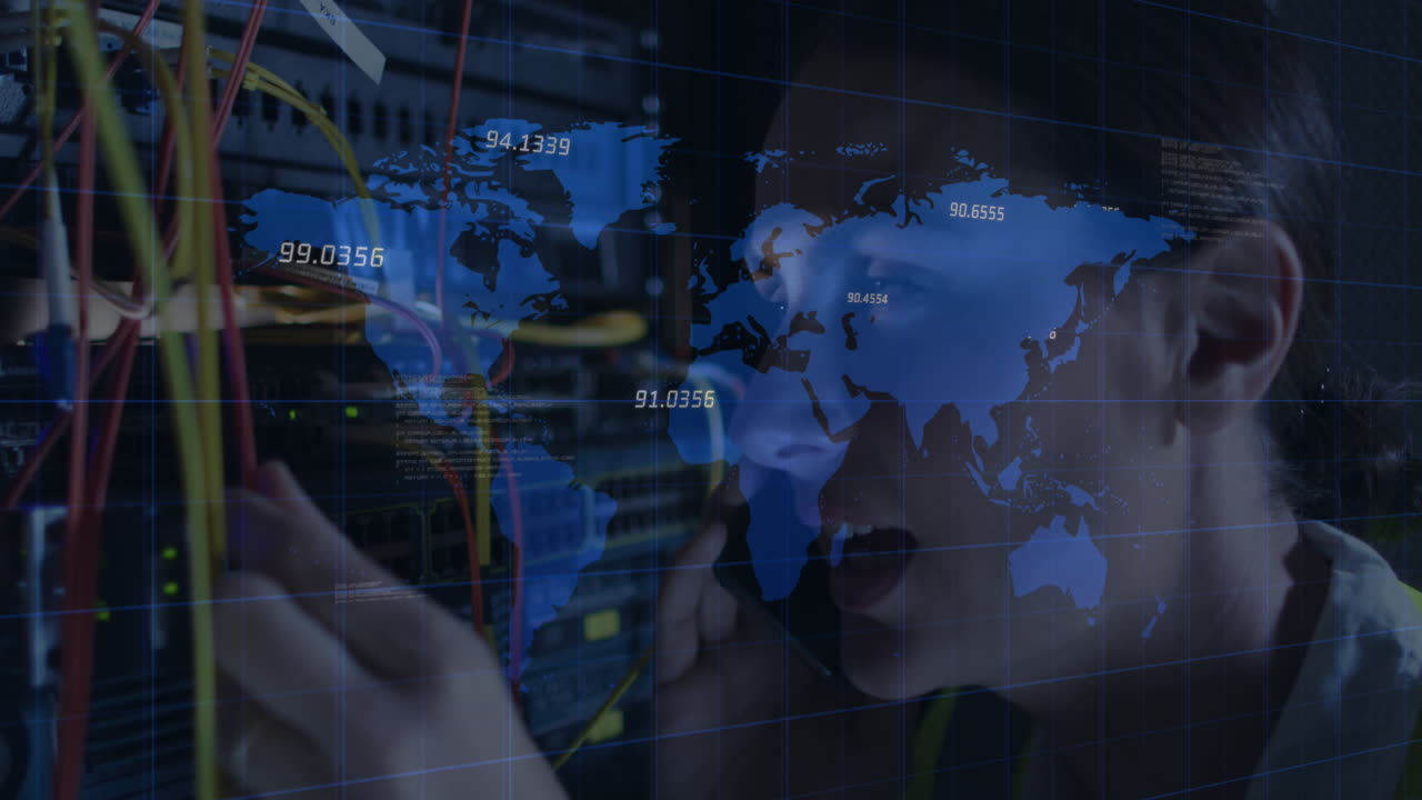 Animation of data over caucasian female it engineer with checking computer server