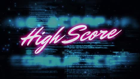 Animation-Von-High-Score-Text-Und-Datenverarbeitung-Auf-Schwarzem-Hintergrund