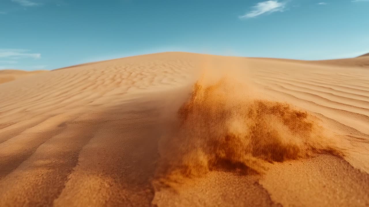 Vento impetuoso che solleva la sabbia e forma un pennacchio in eruzione lungo il fronte di una duna increspata, sotto un cielo azzurro limpido