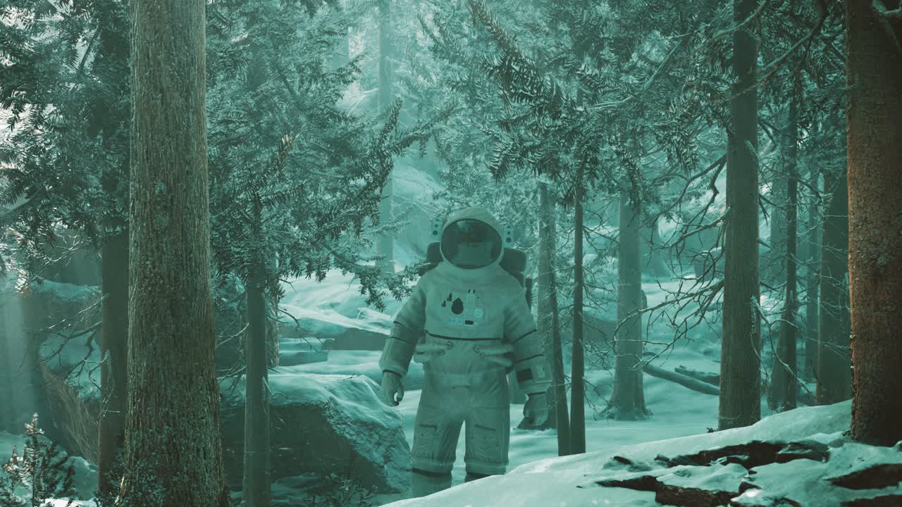 Astronaut exploring forest in snow