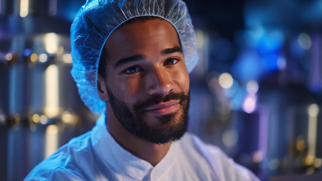 A skilled professional chef in a bright kitchen wearing a protective cap and uniform, showcasing a friendly and engaging expression amidst a background of culinary equipment and a modern food preparation environment