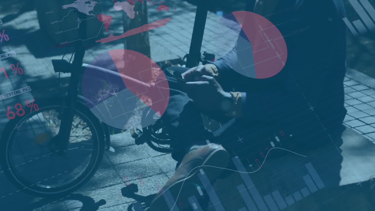 도시에서 스마트폰을 사용하는 두 인종 남성에 대한 데이터 처리 및 다이어그램의 애니메이션