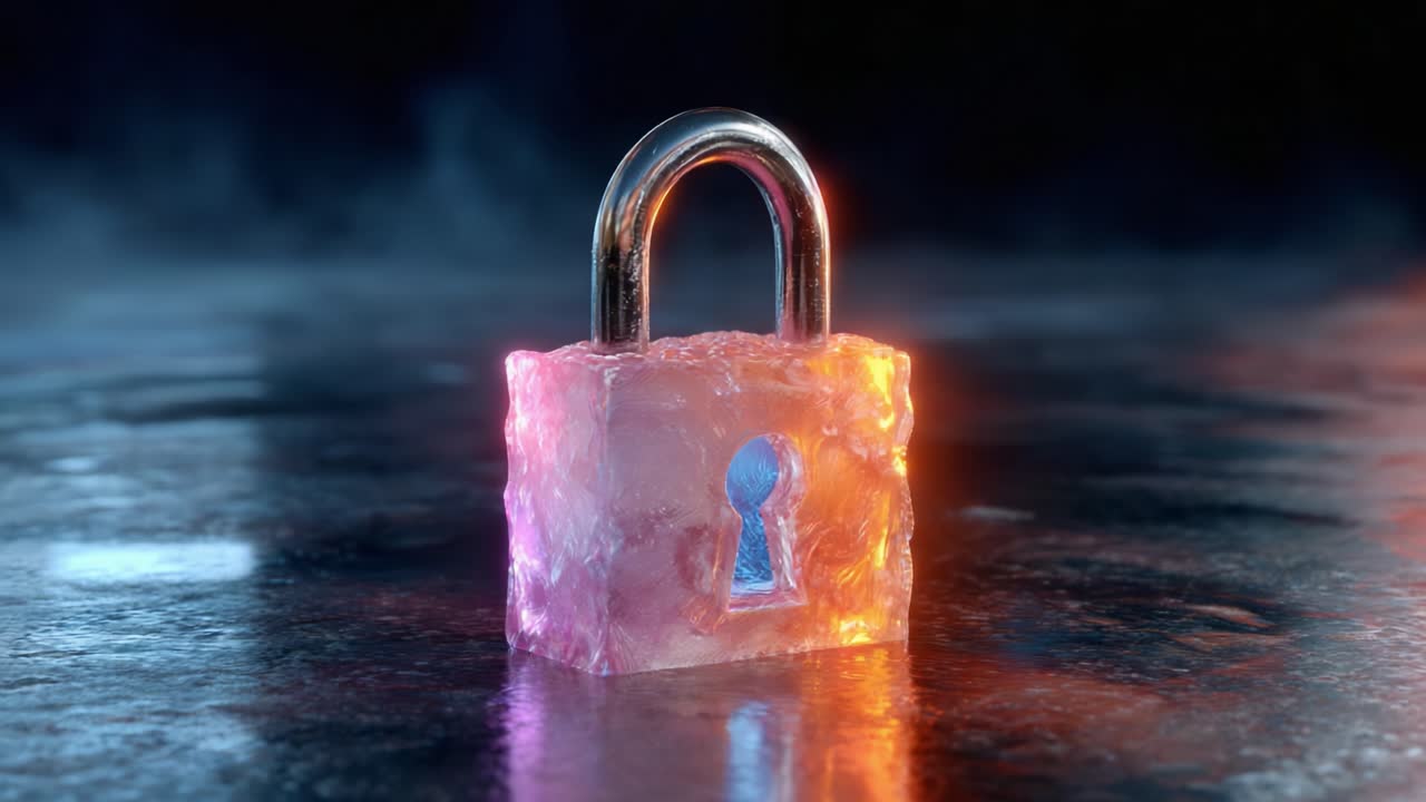 A Captivating Ice Lock with a Keyhole, Illuminated by a Soft Glow, Enhancing Its Mystical Appearance against a Dark Background